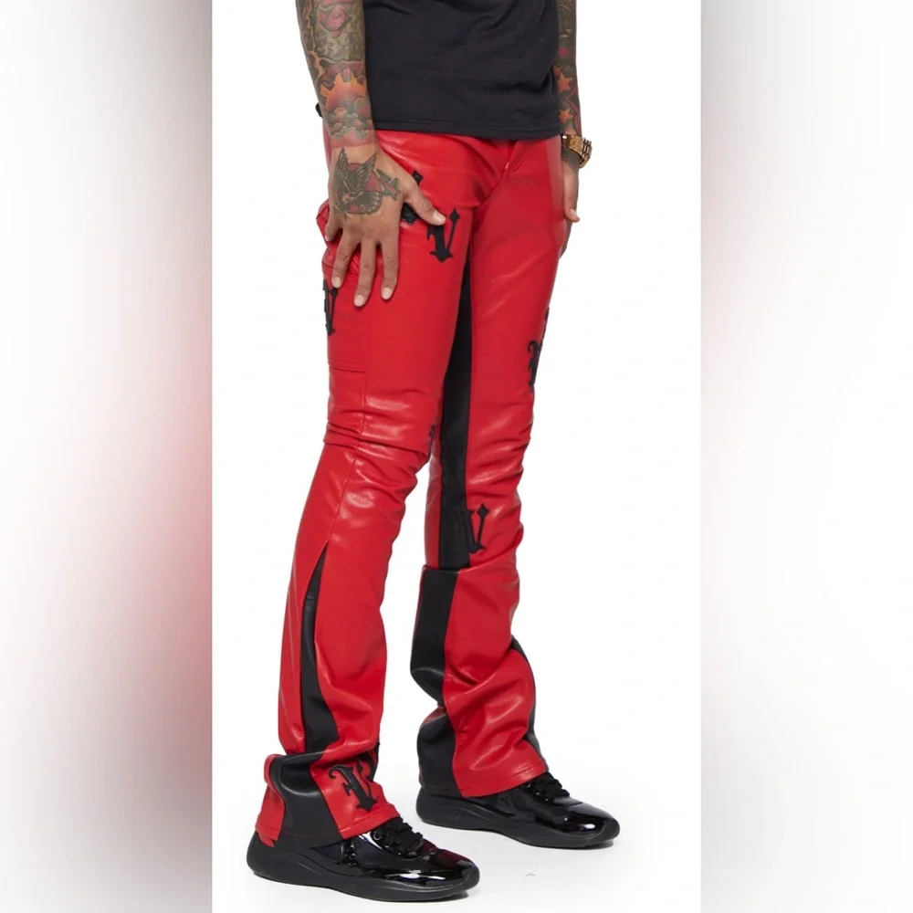 NWT MEN’S VALABASAS STACKED "ALI" RED BLACK LEATHER PANTS SIZE 30 - Picture 6 of 13